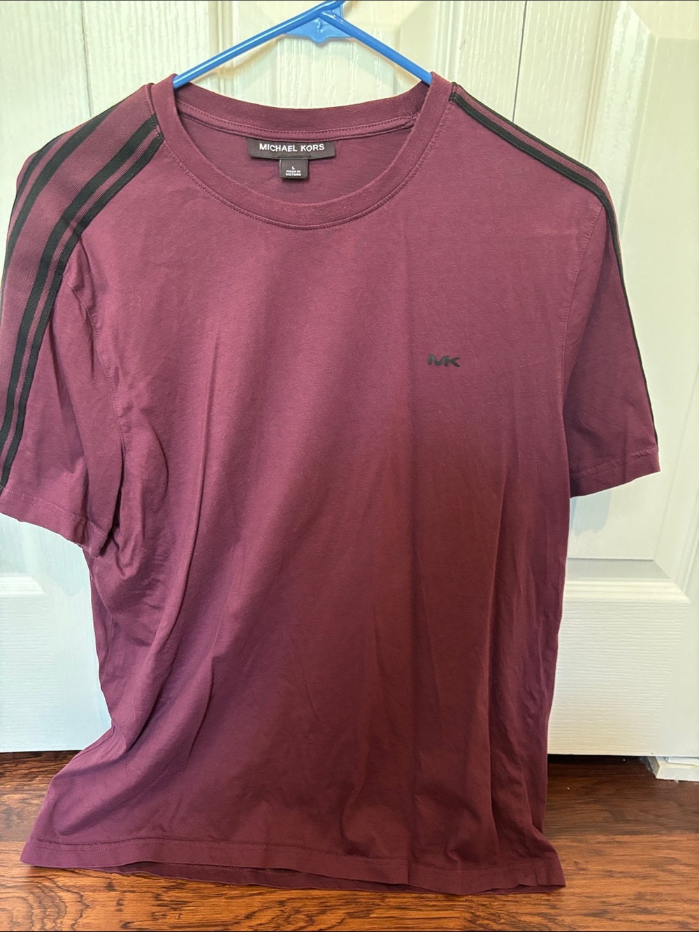 Michael Kors Men’s Wine Crewneck Tee with Black Shoulder Stripes